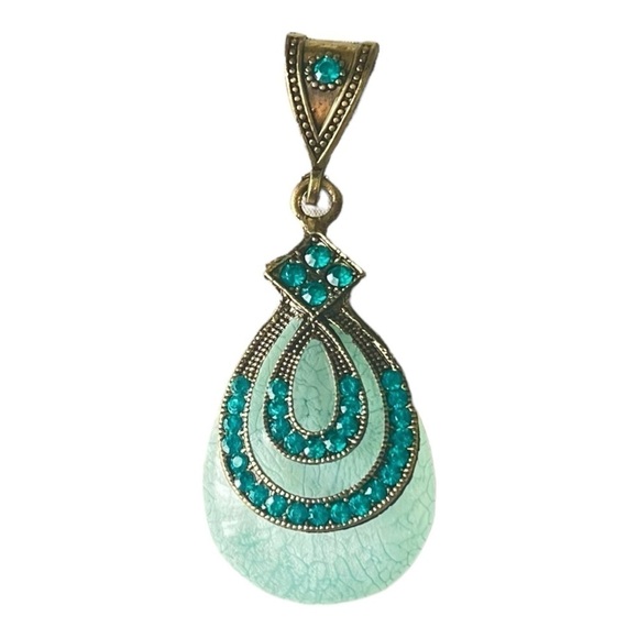 Vintage retro bohemian style turquoise rhinestones oval emerald pendant Women - Picture 2 of 10